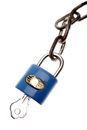 Padlock and chain on white backgroundの写真素材