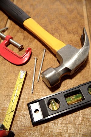 Tools on wooden panelの写真素材