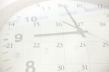 Clock pointing to nine. Calendar numbers.  