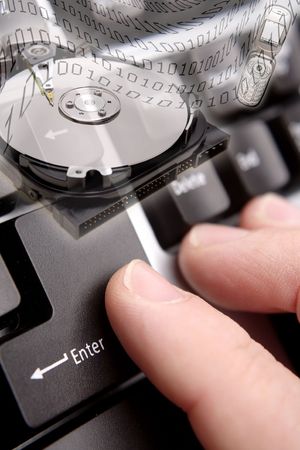 Computer hard drive, phone, binary codes and enter key on keyboard.