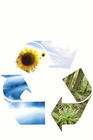 Recycling symbol on white background. Sky, water, earth.の写真素材