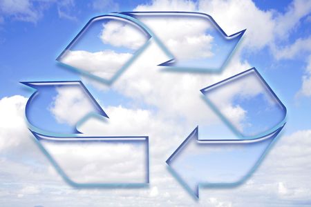 Recycling symbol on blue sky backgroundの写真素材