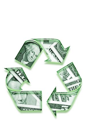 Recycling symbol made of money on white background.の写真素材