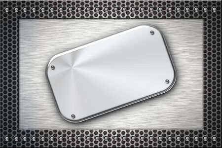 Brushed steel plate on metal background. Copy spaceの写真素材