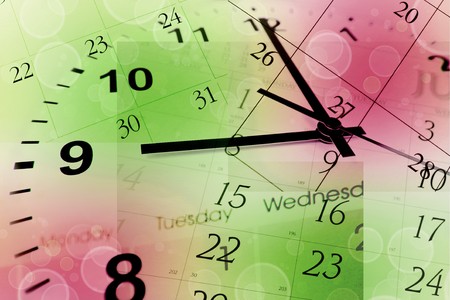 Clock face and calendar on color background