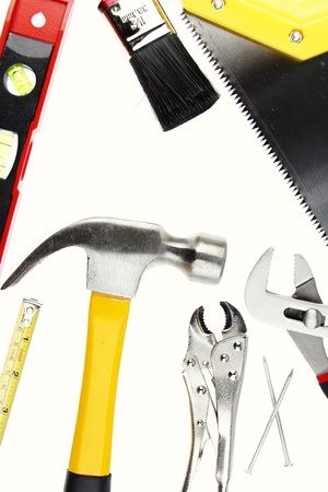 Assorted work tools on plain backgroundの写真素材