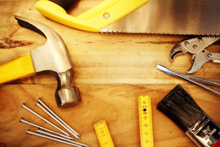 A variety of tools on wood  Advertising spaceの写真素材