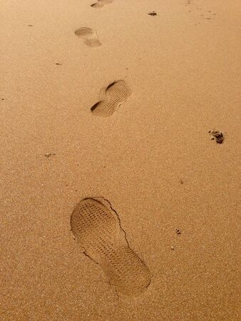 Closeup of footprints in golden sandの写真素材