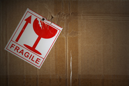 Fragile label on side of cardboard boxの写真素材