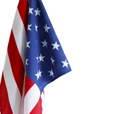 Closeup of American flag on white backgroundの写真素材