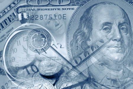 Clocks and American currency. Time is money conceptの写真素材