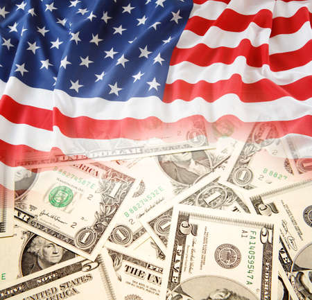 American flag on assorted banknotes