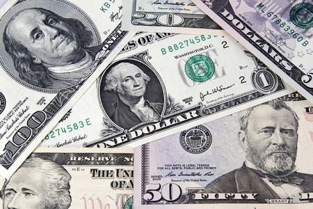 Closeup of assorted American banknotes