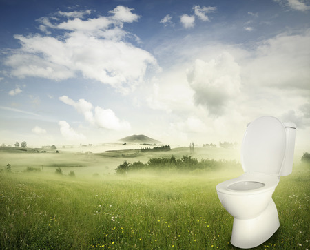Toilet in spring field landscapeの写真素材