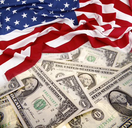 American flag on assorted banknotes