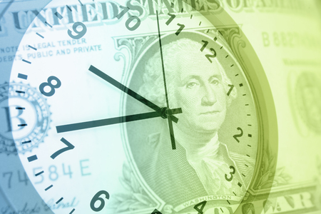 Clock and American banknote. Time is money