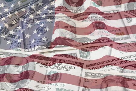 American flag on assorted banknotes
