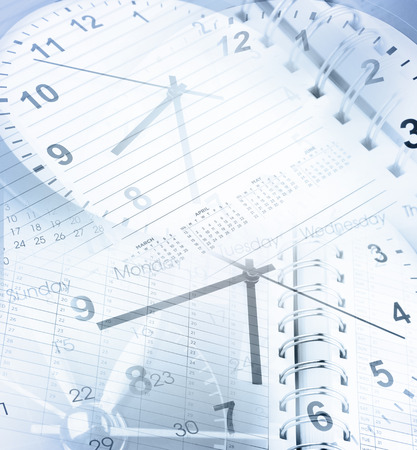 Clocks and calendars composite. Blue toneの写真素材