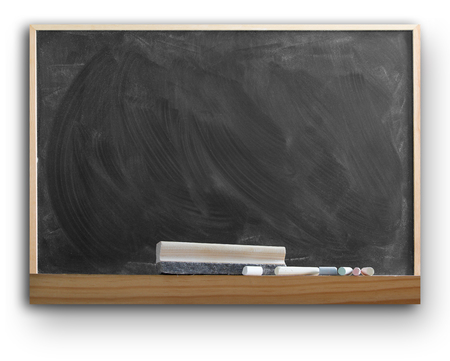 Blackboard, duster and chalk together on plain backgroundの写真素材