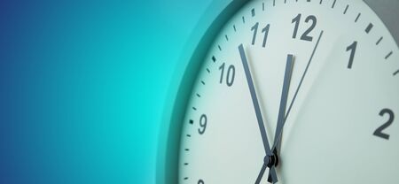Clock on blue background. Copy space