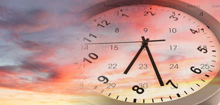 Clock and calendar in bright sky. Time passing