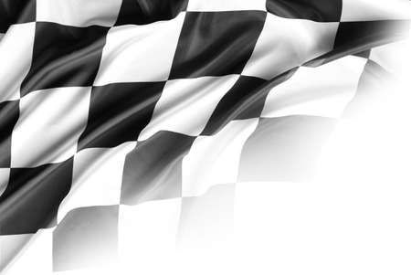 Checkered black and white racing flag on white backgroundの写真素材