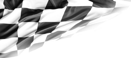 Checkered black and white racing flag on white backgroundの写真素材
