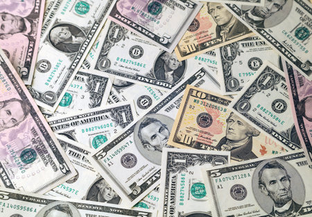 Close-up of assorted American banknotesの写真素材