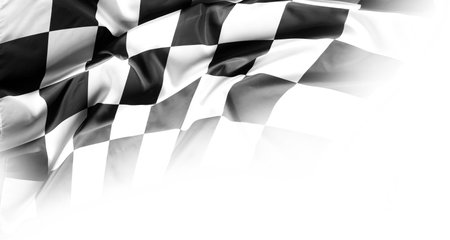 Checkered black and white racing flag on white backgroundの写真素材
