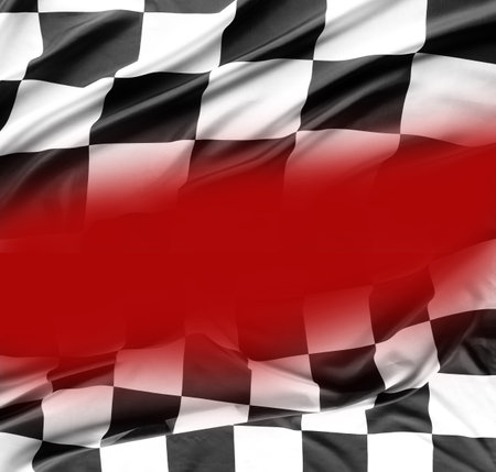 Checkered black and white flag on red backgroundの写真素材