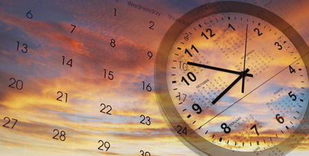 Clock and calendar in bright sky. Time passingの写真素材