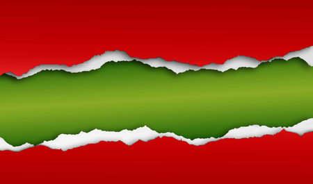 Hole ripped in red paper on green. Christmas background. Copy spaceの写真素材