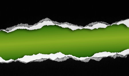 Ripped black paper on green backgroundの写真素材
