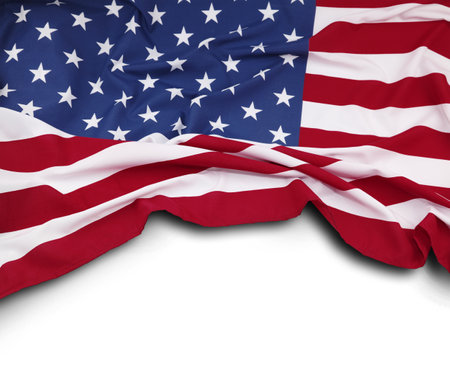 Closeup of American flag on white backgroundの写真素材