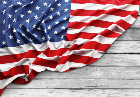 American flag and wooden boardsの写真素材