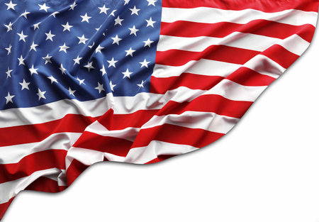 Closeup of American flag on white backgroundの写真素材