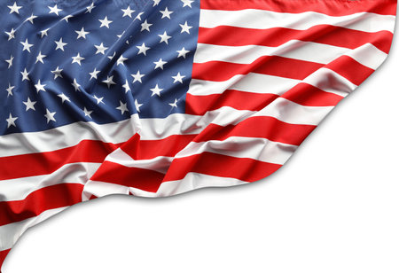 Closeup of American flag on white backgroundの写真素材