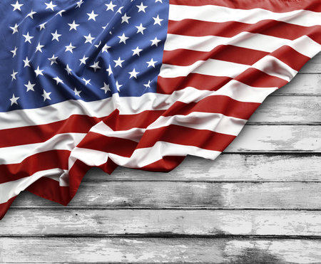 American flag and wooden boardsの写真素材