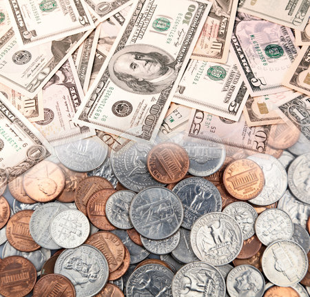 Assorted American coins and banknotesの写真素材