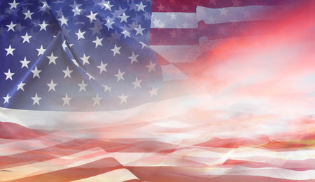 American flag in sunny skyの写真素材