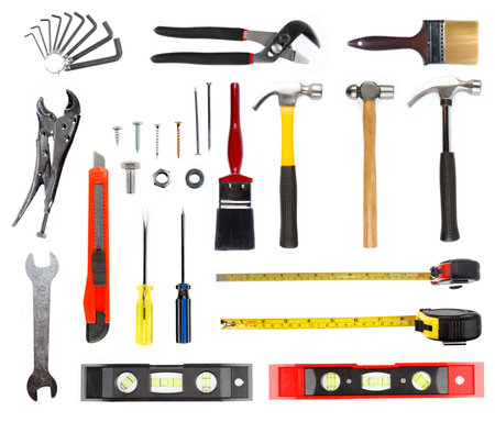 Assortment of tools isolated on plain backgroundの写真素材