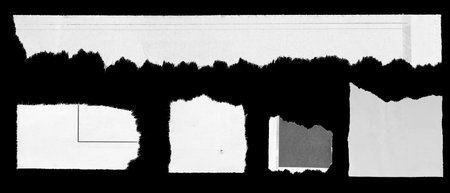 Five pieces of torn newspaper on black backgroundの写真素材