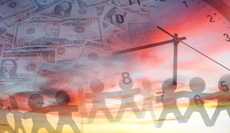 American banknotes, clock and team sky composite