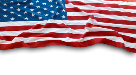 Closeup of American flag on white backgroundの写真素材