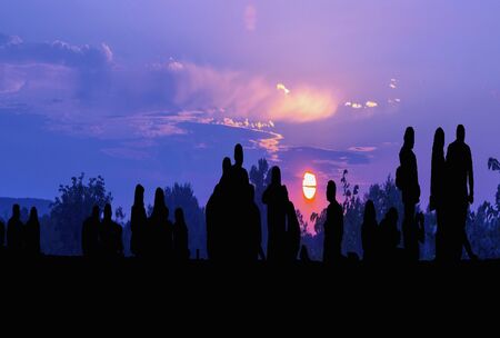 GROUP OF YOUNG PEOPLE SURVIVES THE SUNSETの写真素材