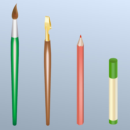 Set of brush, flat calligraphy pen, pencil and pastel stickのイラスト素材