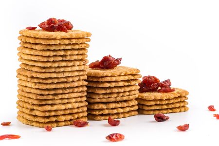 Stack of sweetmeal digestive biscuits isolated on white.の写真素材