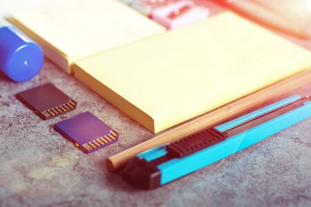 Colorful stationery on wooden backgroundの写真素材