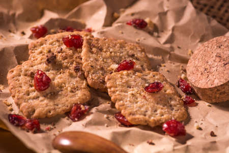 Close up of stacked butter biscuits on wooden backgroundの写真素材