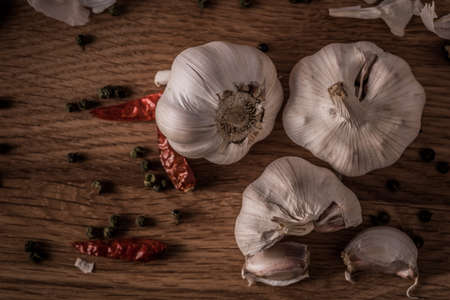 Garlic on the wooden backgroundの写真素材